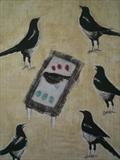 who killed the fledgling?i said the magpie by Sally Hunton, Painting, Wax and Oil Stick on Paper