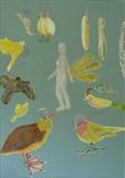 yellow bird lady by Sally Hunton, Painting, Wax and Oil Stick on Paper